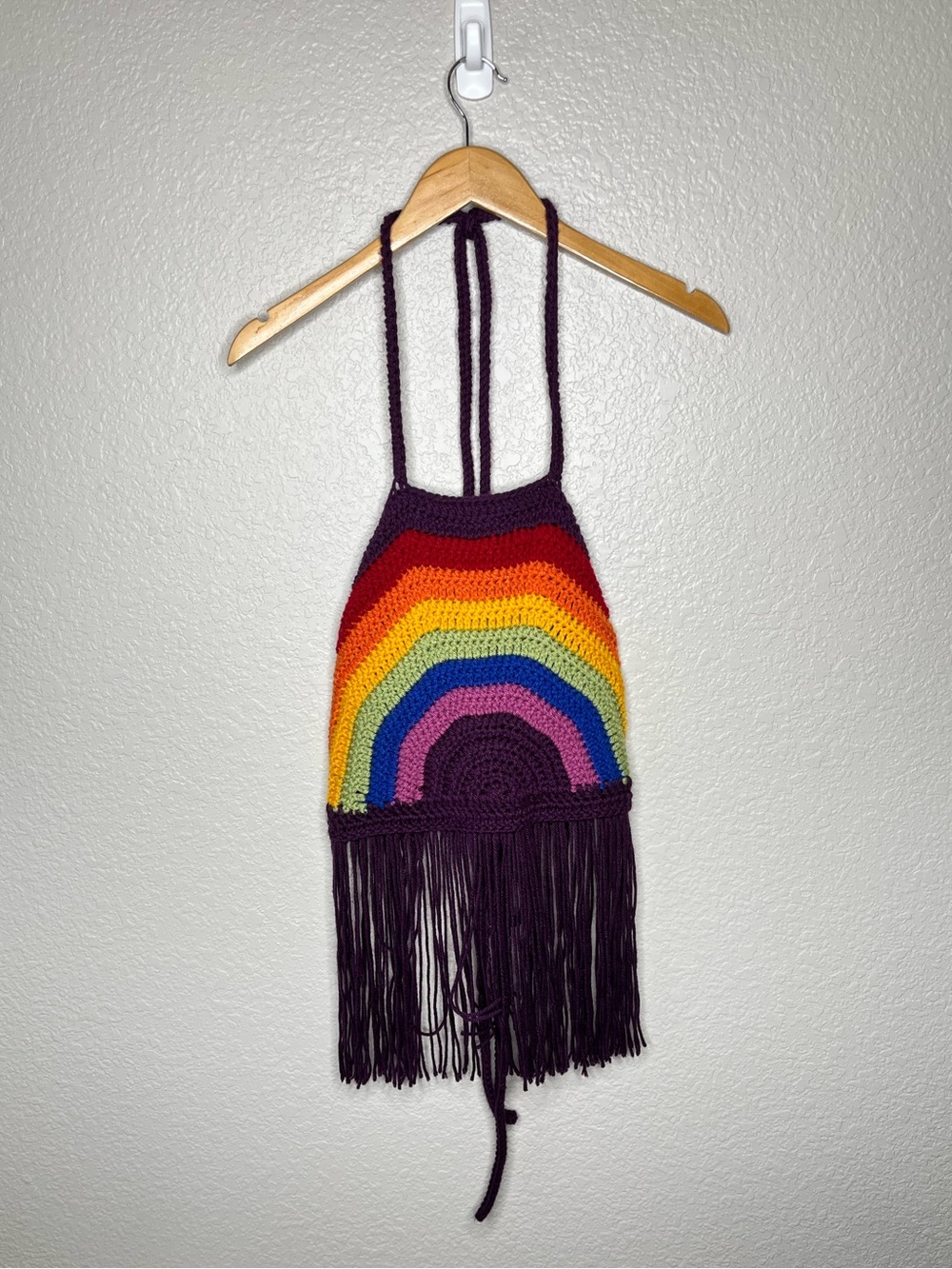 Handmade Crochet Rainbow Halter Top w/ Fringe Boho Festival Hippie Tie Back L/XL